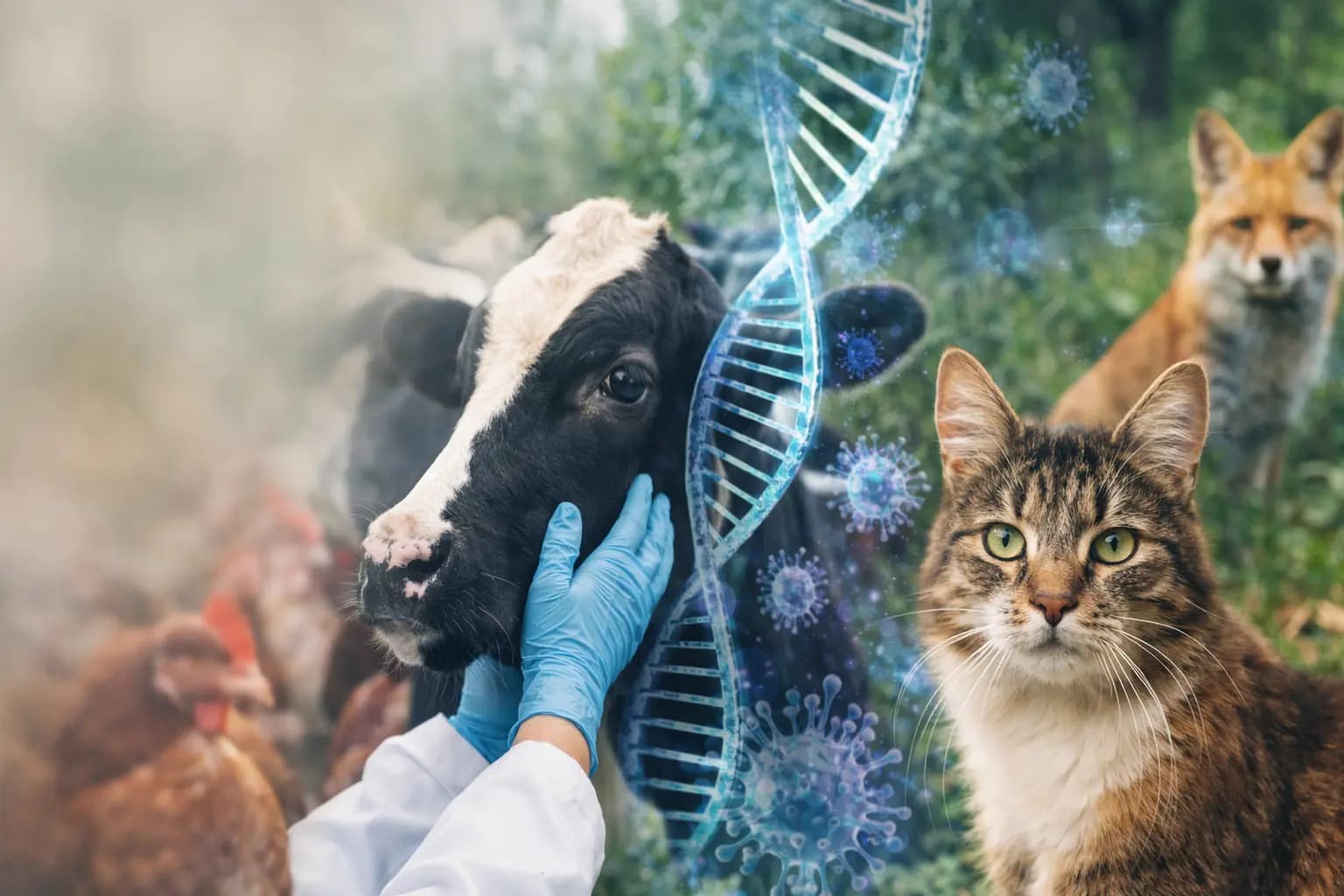 Veterinario examinando animales de ganado en entorno rural
